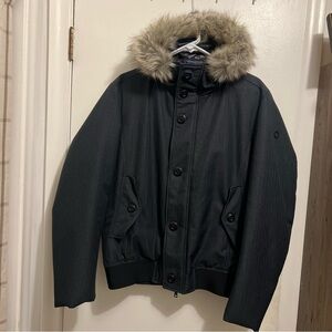 UPTOBE Men's Bomber Jacket Faux Fur Trim Hood Dark Gray Herringbone 52